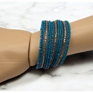 Blue & Silver Beaded Coil Bracelet Stretch Design Silver Tone Bohemian Style